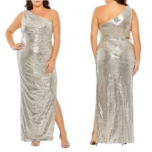 Mac Duggal Gown, NEW! Size 18W, One Shoulder, Side Cut-Out, Silver Nude